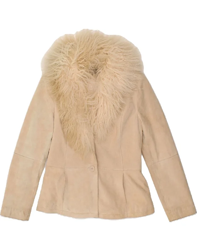 VINTAGE Womens Suede Jacket UK 12 Medium Beige Leather Notch Collar Peter Pan Collar Cowl Neck VINTAGE Womens Suede Jacket UK 12 Medium Beige Leather Notch Collar Peter Pan Collar Cowl Neck