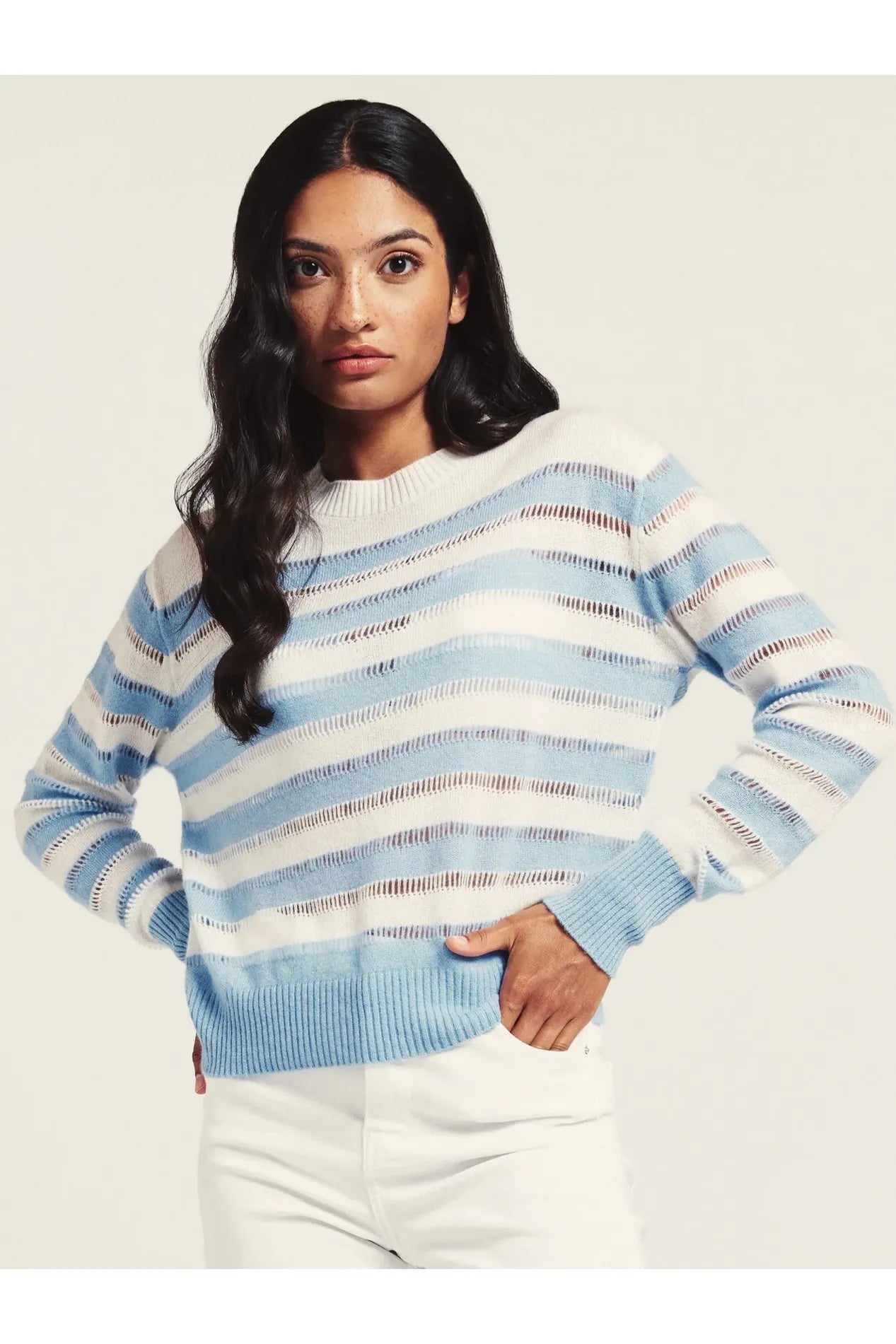 Light Blue & White Beach Stripe Crew Cashmere Sweater Machine Wash Dry Clean Hand Wash Light Blue & White Beach Stripe Crew Cashmere Sweater Machine Wash Dry Clean Hand Wash