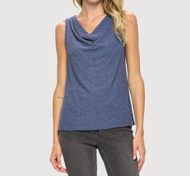 Shimmer Racerback Cowl Neck Tank In Blue high neck tank