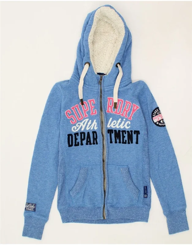 SUPERDRY Womens Graphic Zip Hoodie Sweater UK 6 XS Blue Cotton Fitted Slim Tailored