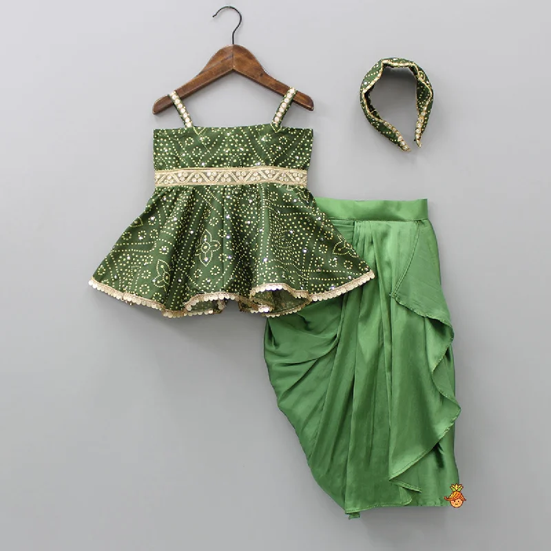 Faux Mirror Work Mehendi Green Top And Stylish Dhoti Skirt With Matching Hair Band denim skirt classic