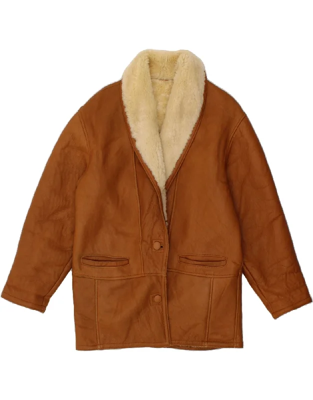 VINTAGE Womens Oversized Shearling Jacket IT 44 Medium Brown Shearling Bomber Jacket Anorak Windbreaker VINTAGE Womens Oversized Shearling Jacket IT 44 Medium Brown Shearling Bomber Jacket Anorak Windbreaker