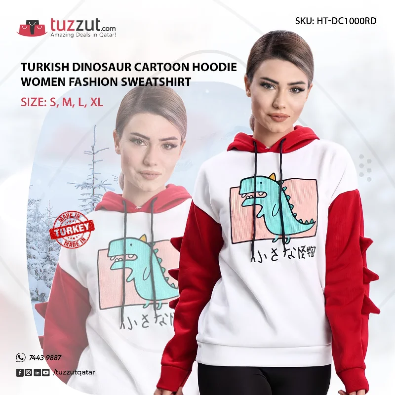 Turkish Dinosaur Cartoon Hoodie Women Fashion Sweatshirt - Red Hoodie with Hood Adjustable Protection