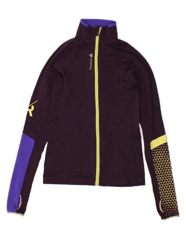 REEBOK Womens Graphic Tracksuit Top Jacket UK 4/6 XS Purple Colourblock Embroidered Jacket Appliqued Jacket Beaded Jacket REEBOK Womens Graphic Tracksuit Top Jacket UK 4/6 XS Purple Colourblock Embroidered Jacket Appliqued Jacket Beaded Jacket