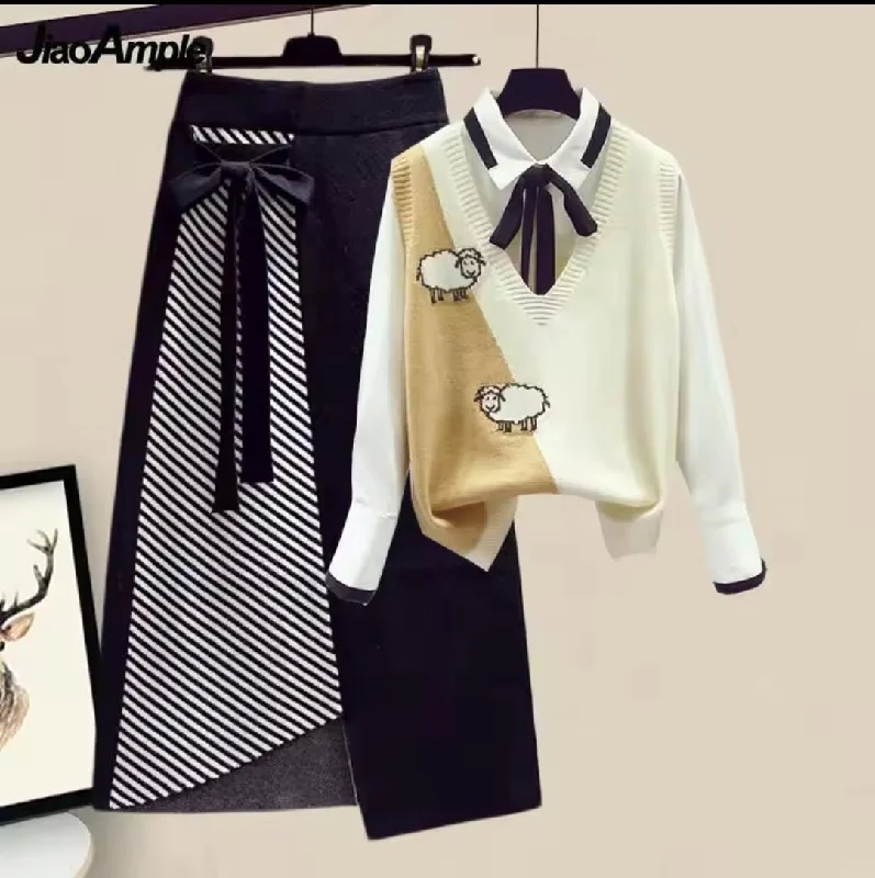 Winter Knitted Vest and Long Skirts Women's Three-piece Set S93102827 XL patchwork skirt art
