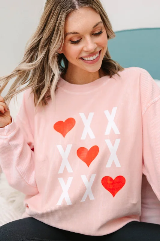 X's and O's Blush Pink Graphic Corded Sweatshirt Hoodie with Toggle Buttons Decorative Unique