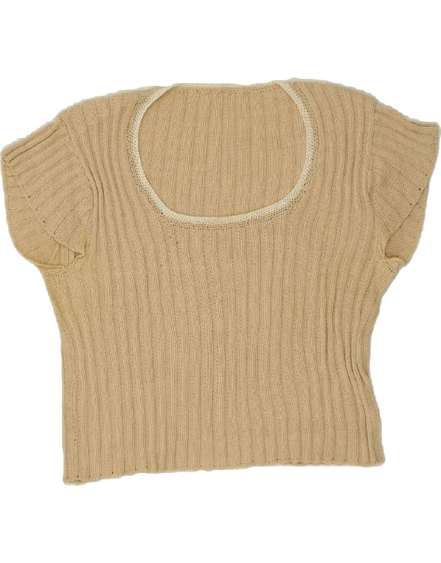 VINTAGE Womens Crop Boat Neck Jumper Sweater UK 12 Medium Beige Collared Crew Neck Turtle Neck