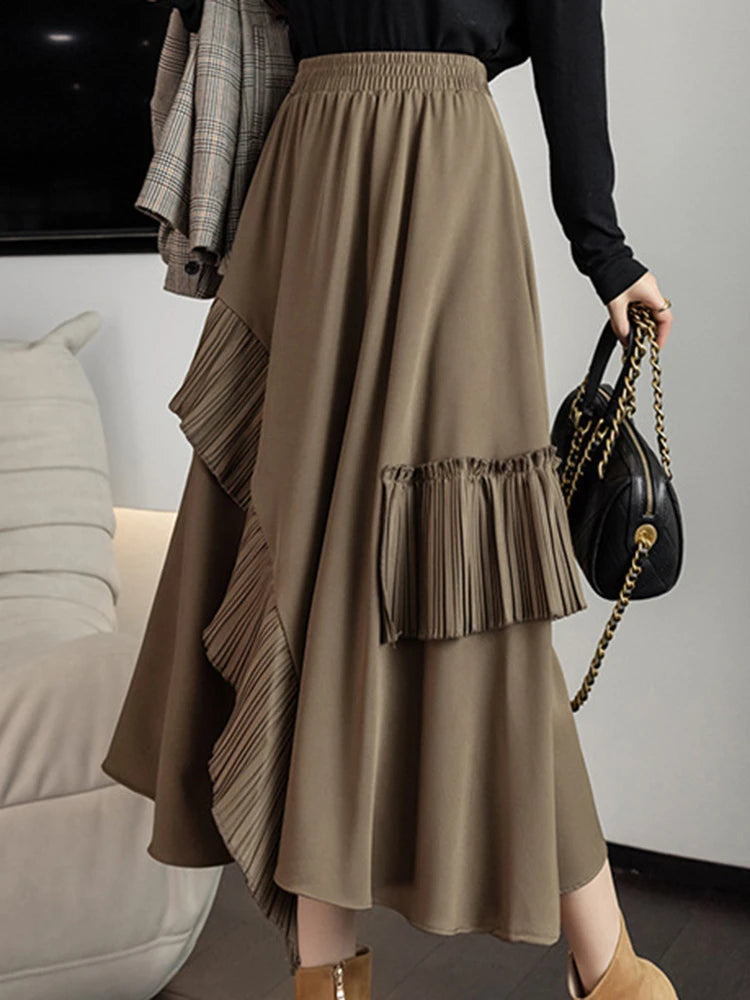 Spliced Irregular Ruffles Design Skirts For Women Solid A-line Casual Loose Vintage Clothing Spring S4590107 chiffon skirt airy Spliced Irregular Ruffles Design Skirts For Women Solid A-line Casual Loose Vintage Clothing Spring S4590107 chiffon skirt airy
