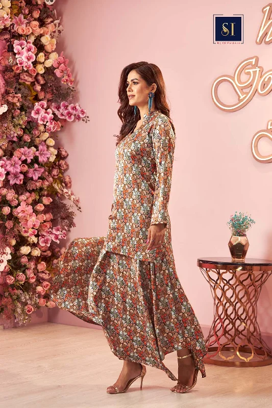 Printed Co-ord set with Asymmetrical skirt wool skirt sturdy