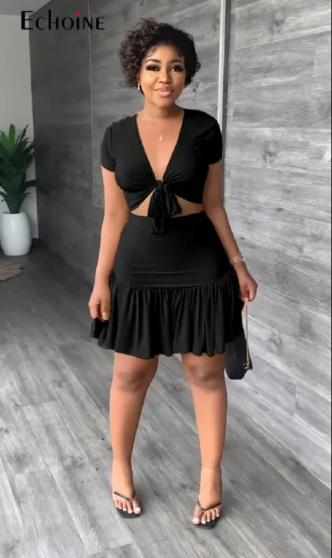 Summer Women Solid Deep V Neck Short Sleeves Top +Short Skirt Two 2 Piece Set XL S4595990 wool skirt warm