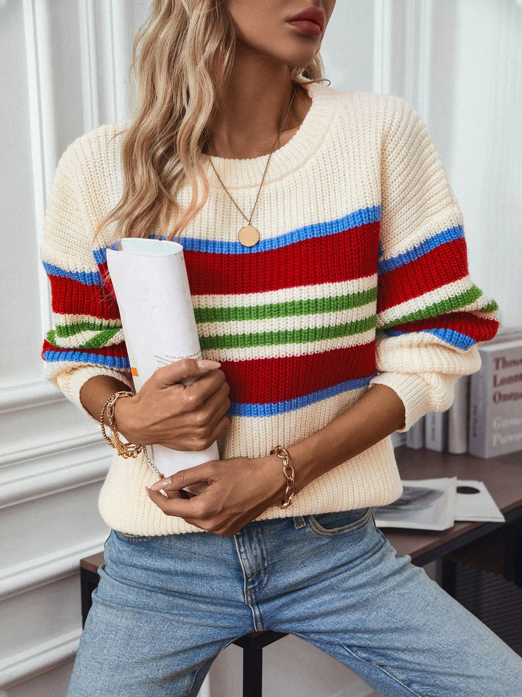 Rainbow Striped Turtleneck Sweater Modern Contemporary Chic