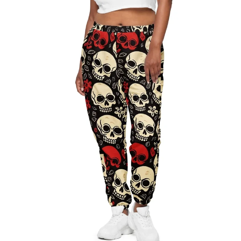 Stylish And Edgy Track Pants For Women Featuring Red And White Skulls Design Trendy Printed Leggings