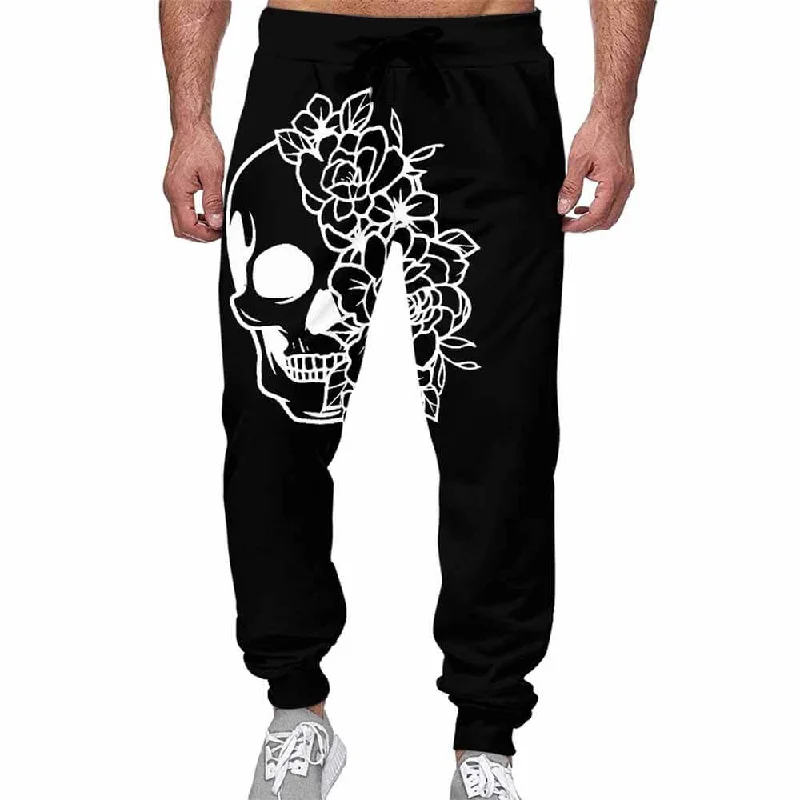 Skull Flower Print Casual Elastic Drawstring Pants Relaxed Fit Trousers