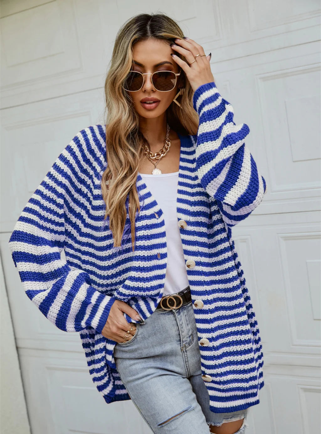 Striped Loose Single-breasted V-neck Sweater Transparent Opaque Sheer