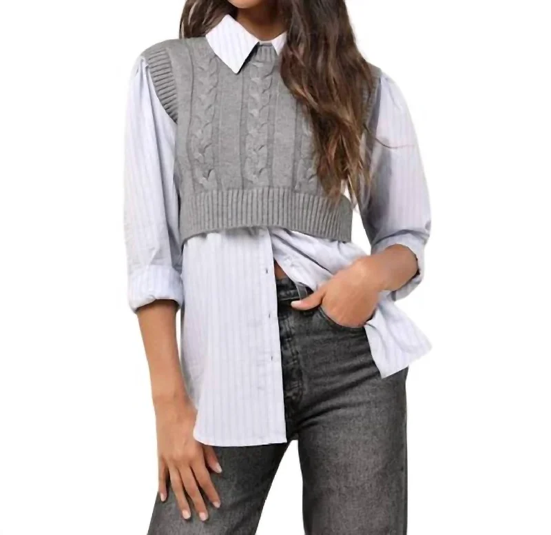 Flannery Layered Sweater In Blue Grey Cashmere Blend Cotton Blend Poly Blend