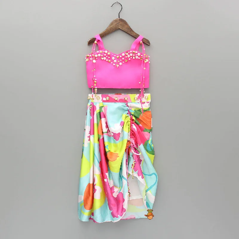 Pre Order: Pink Embellished Strappy Top And Printed Draped Skirt tiered skirt playful