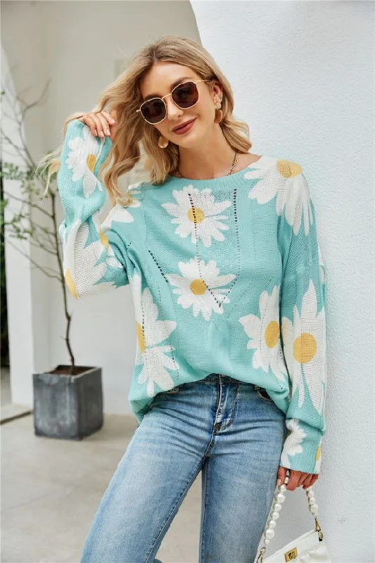 Women Sunflower Flower Sweater Elegant Classic Vintage