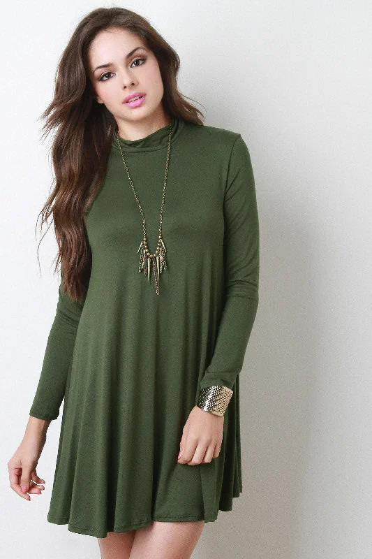 Mock Neck Long Sleeve Shift Dress Boatneck Modish Everyday