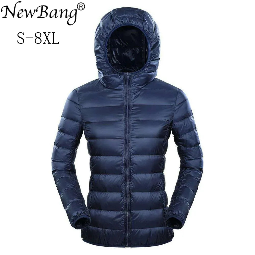 NewBang 7XL 8XL Plus Size Down Jacket Women Hooded Ultra Light Down Jacket Women Plus Feather Winter Thin Warm Windbreaker Coats Faux Fur Jacket Real Fur Jacket Shearling Jacket