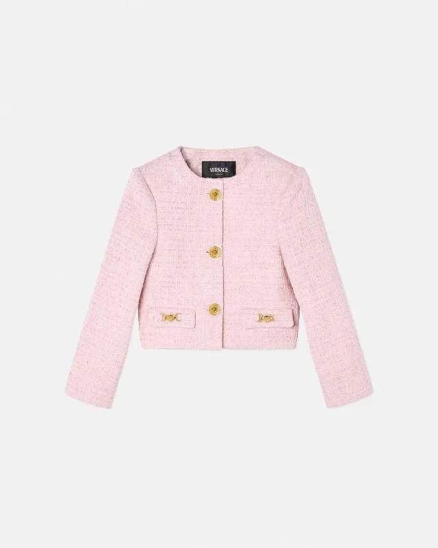 Versace Girls Tweed Jacket in Pink Notch Collar Peter Pan Collar Cowl Neck