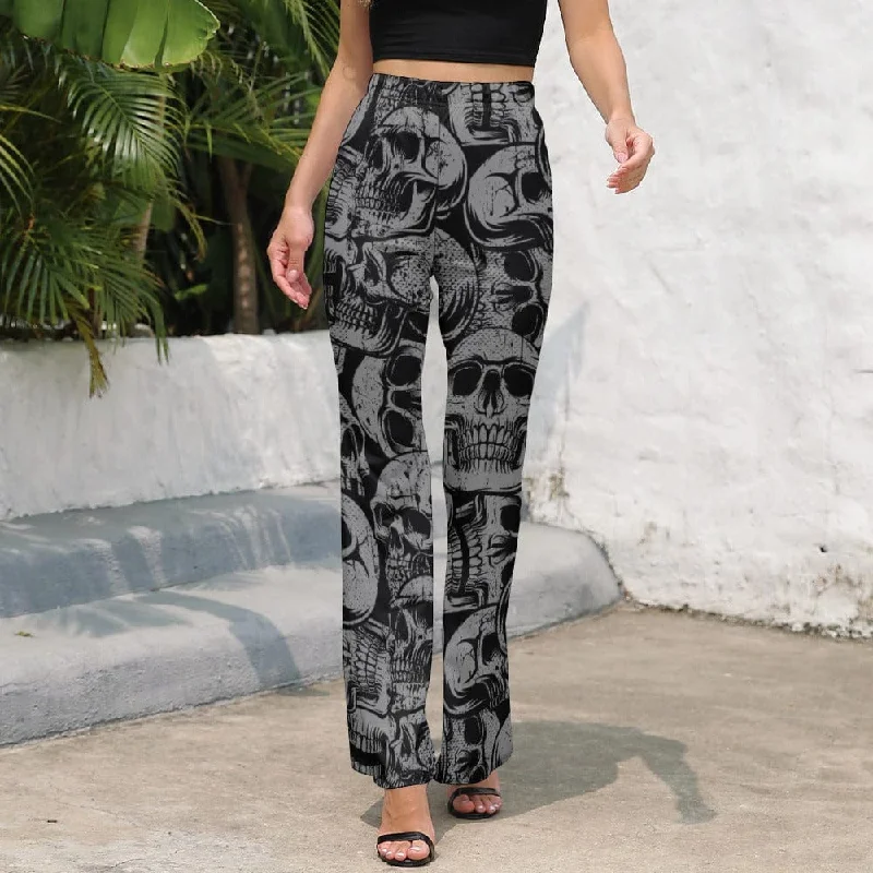 Women's Black Skulls Casual Flared Pants Comfortable Denim Pants