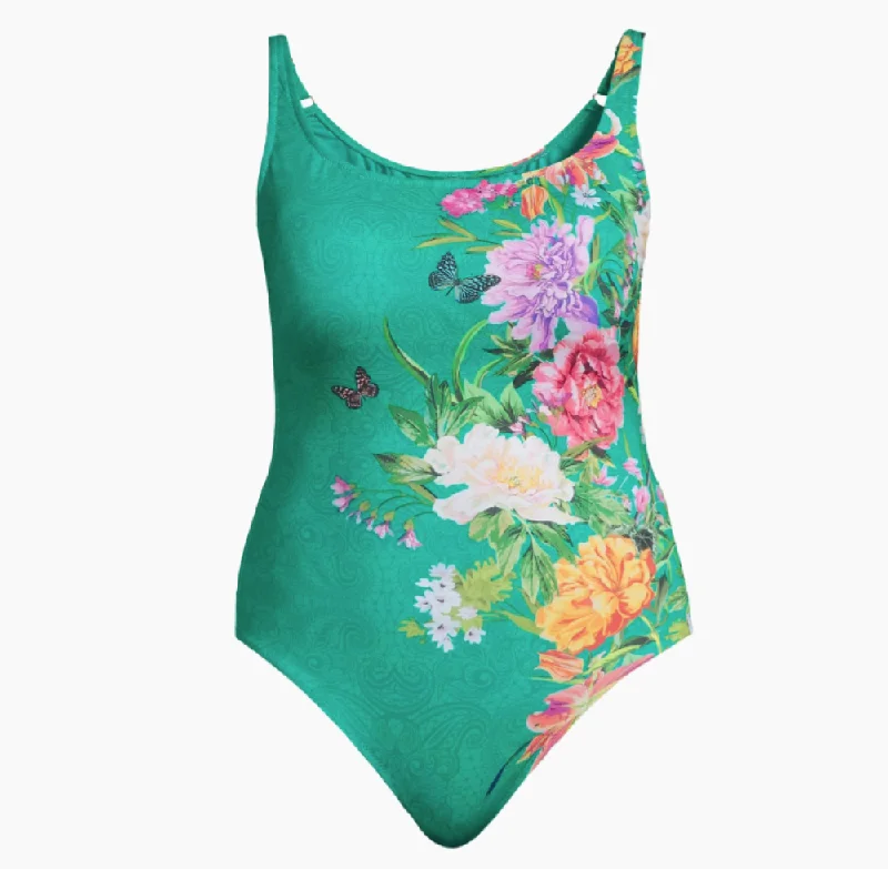 Johnny Was Peacock Goza Tank One Piece Swimsuit Multi peekaboo tank top