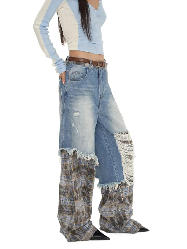 Dual-Layer Plaid Denim Pants Formal Wide-Leg Pants