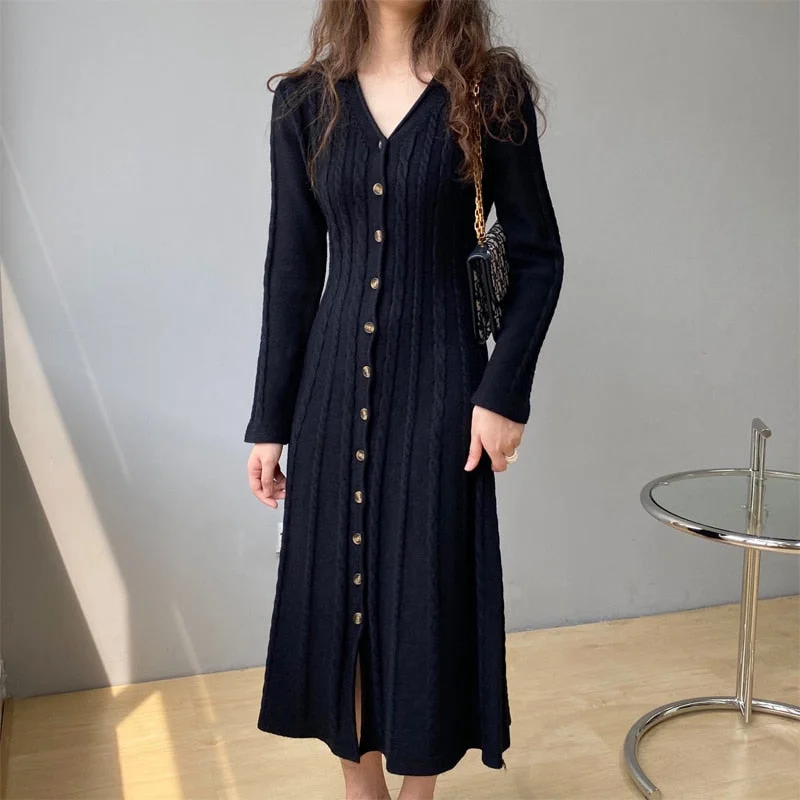 Wjczt Spring and Autumn Women's Casual Solid Color V-neck Long Sleeve Slim Knit Dress Tunics Stylish elegant