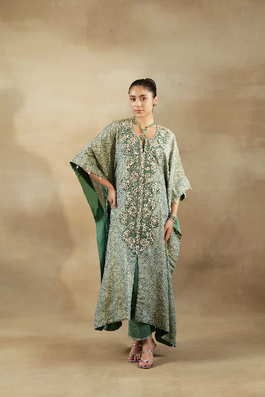 Green Embroidered Kaftan With Silk Pants Casual Yoga Pants