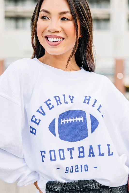 Beverly Hills Football White Corded Sweatshirt Hoodie with Frayed Bohemian Relaxed