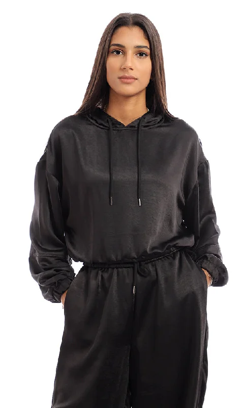 96199 Elastic Trim Full Sleeves Hoodie - Black Hoodie with Hem Drawcord Adjustable Customizable