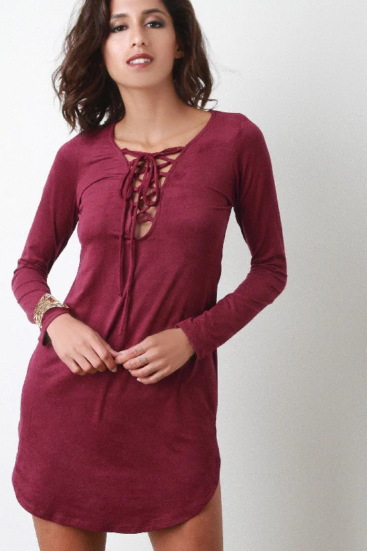 Vegan Suede Corset Lace Up Dress Tunics Chic fashionable