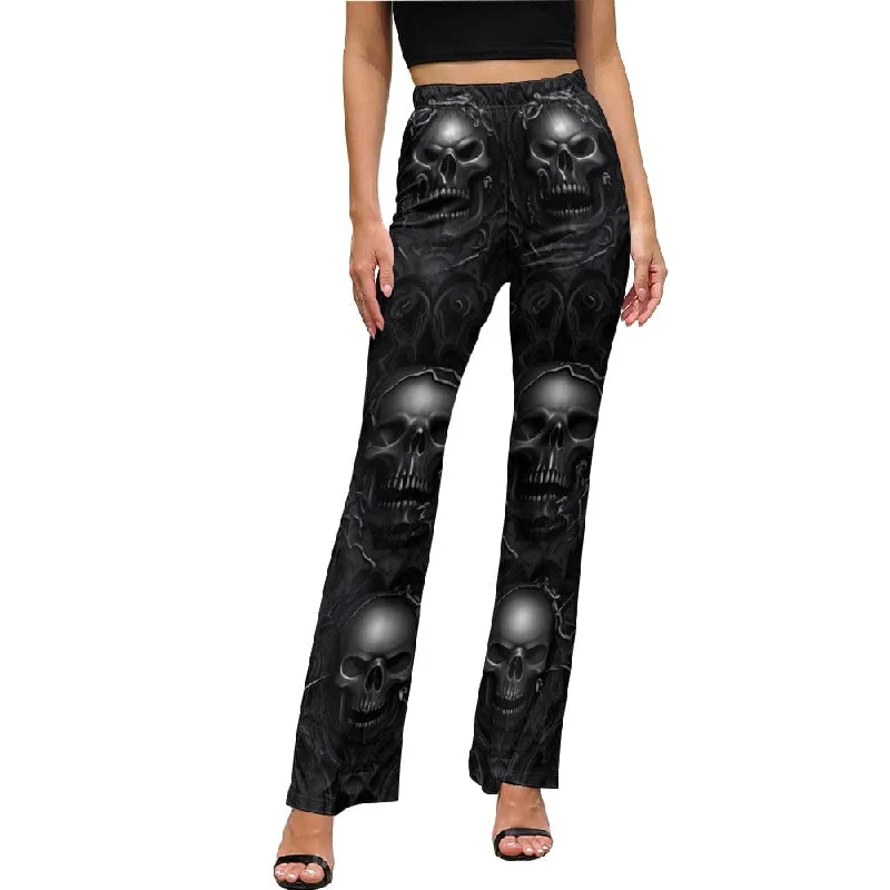 Women's Black Skulls Elastic Waist Flared Pants Fashionable Tapered Leg Pants