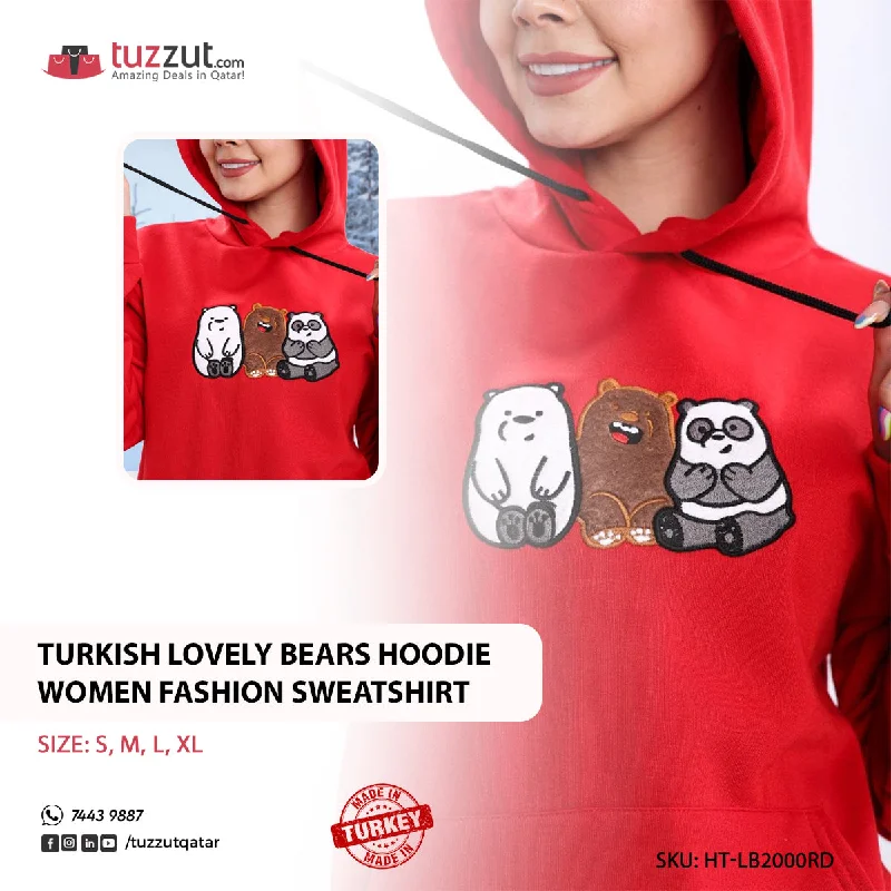 Turkish Lovely Bears Hoodie Women Fashion Sweatshirt - Red Hoodie with Hem Frayed Vintage Worn