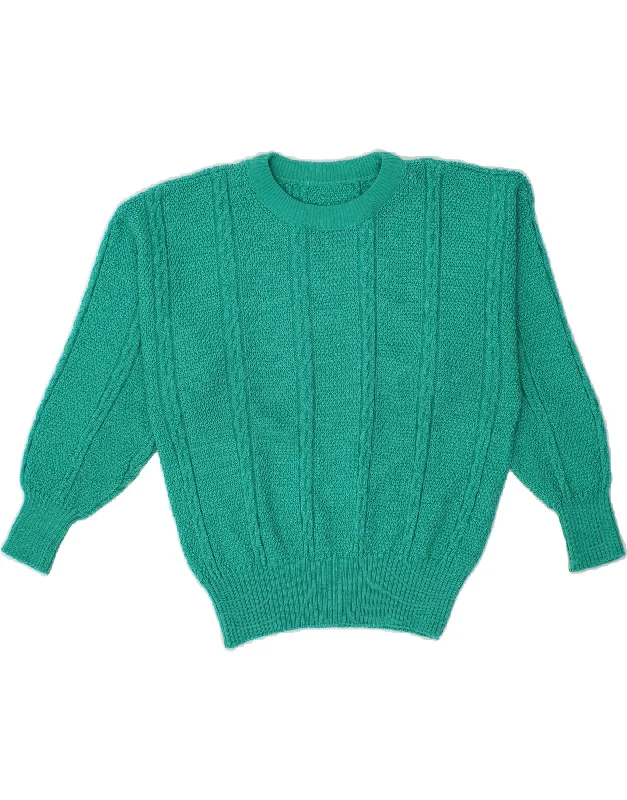 VINTAGE Womens Crew Neck Jumper Sweater UK 14 Large Turquoise Polyacrylic Mesh Blend Leather Blend Suede Blend