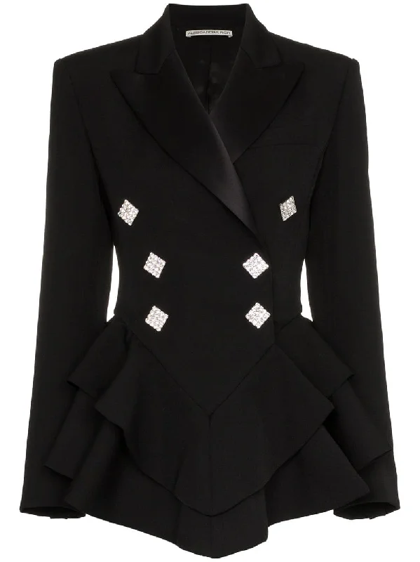 Ruffle crystal button wool tuxedo jacket Mesh Jacket Canvas Jacket Denim Jacket