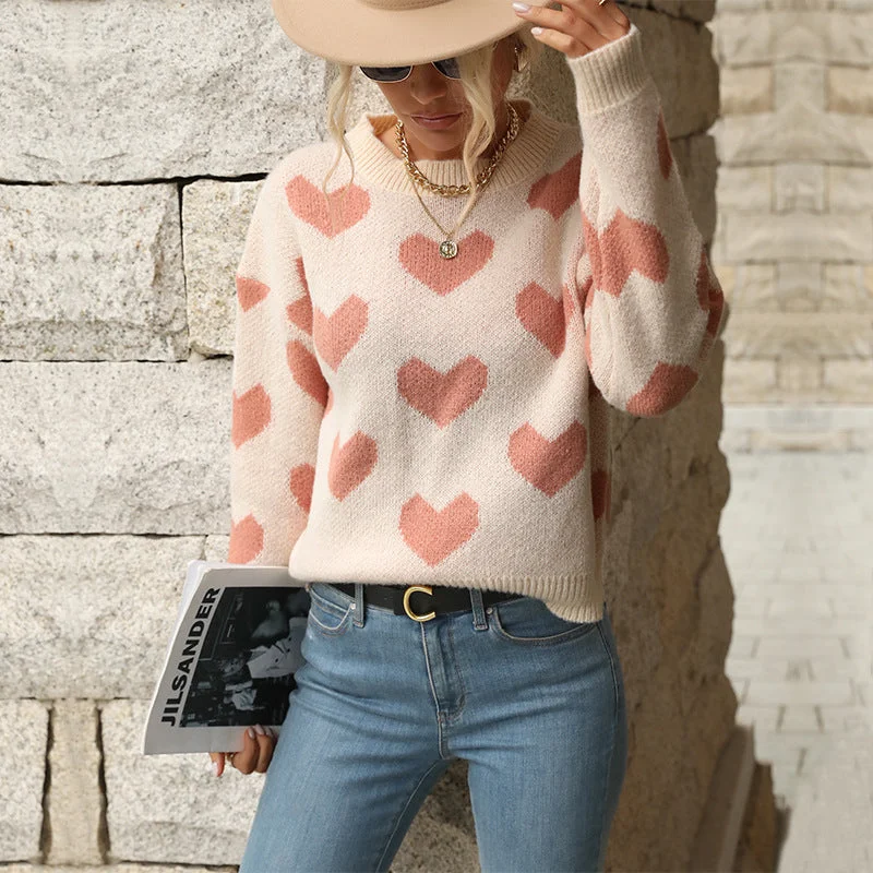 Wholesale Valentine's Day Polyester Casual Love Long Sleeved Pink Sweater Ribbed Striped Patterned Wholesale Valentine's Day Polyester Casual Love Long Sleeved Pink Sweater Ribbed Striped Patterned