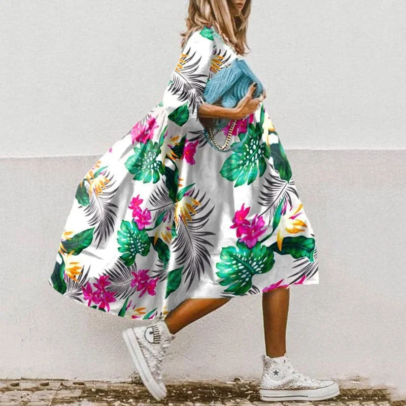 Wjczt Summer Women Dress Vintage Loose O Neck Half Sleeve Floral Printed  A-Line Dresses Elegant Boho Beach Long Dress Vestidos Tunics Trendy modern