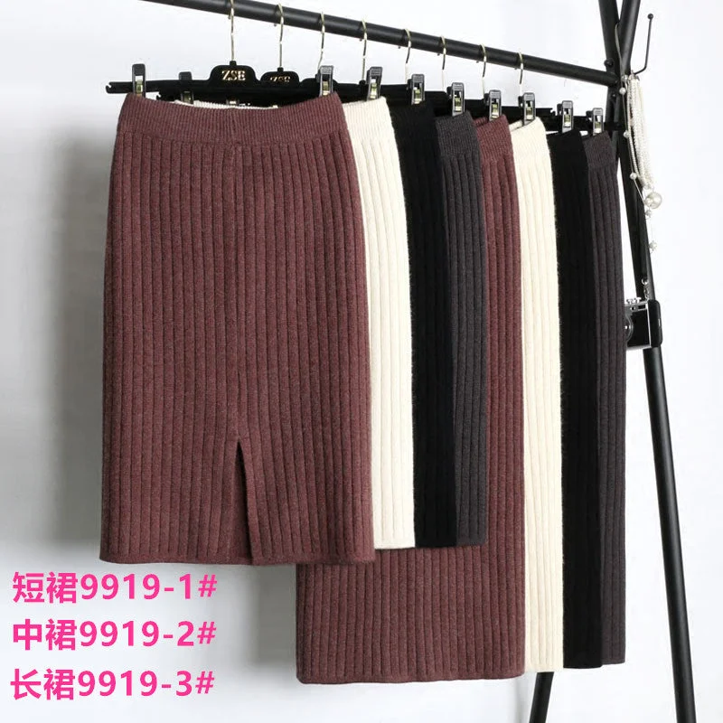 Women Elastic Band Warm Knitted Straight Skirt wool skirt warm