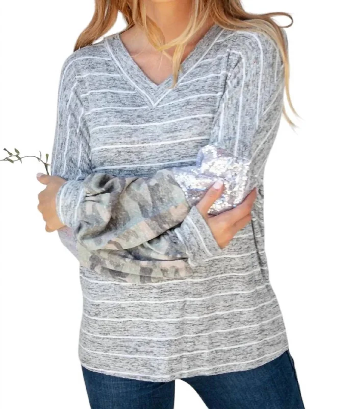 Silver Sequin Camo Sleeve Sweater In Grey Anti-Pilling Anti-Shrink Durable