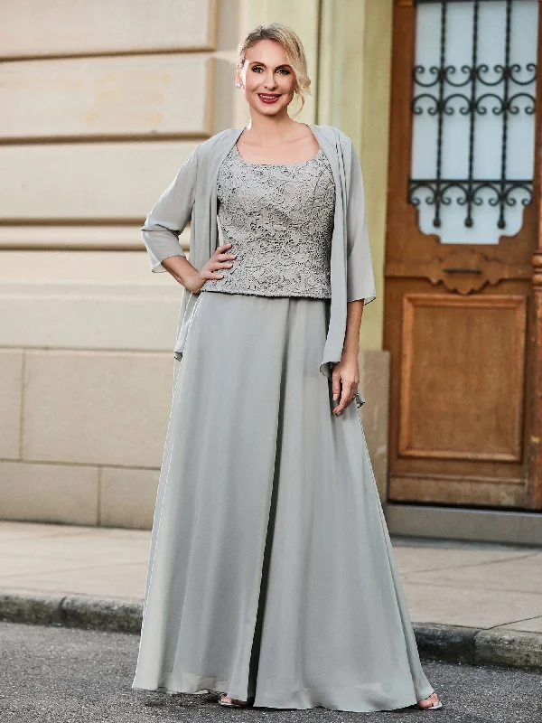 Scoop Lace Top and Chiffon A-line Skirt Two-piece Set Silver seamless skirt comfort