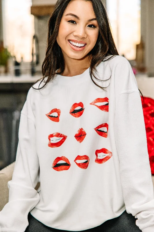 All The Kisses White Corded Graphic Sweatshirt Hoodie with Set-In Sleeves Structured Classic