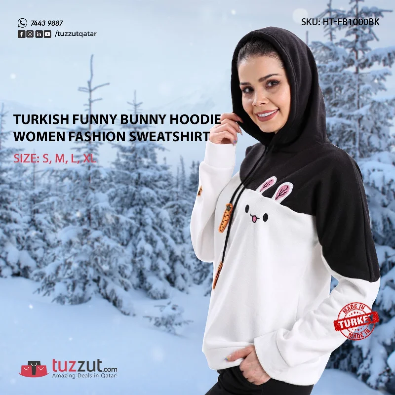 Turkish Funny Bunny Hoodie Women Fashion Sweatshirt - Black Hoodie Crop Top Short Trendy