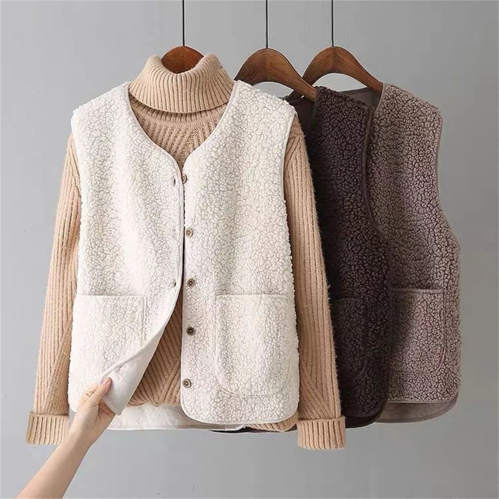 Vests New Spring Autumn Women Button Waistcoat Lamb Wool Winter Thermal Warm Thick Fleece Vests Sleeveless Jacket Ladies Coats Notch Collar Jacket Peter Pan Collar Jacket Cowl Neck Jacket