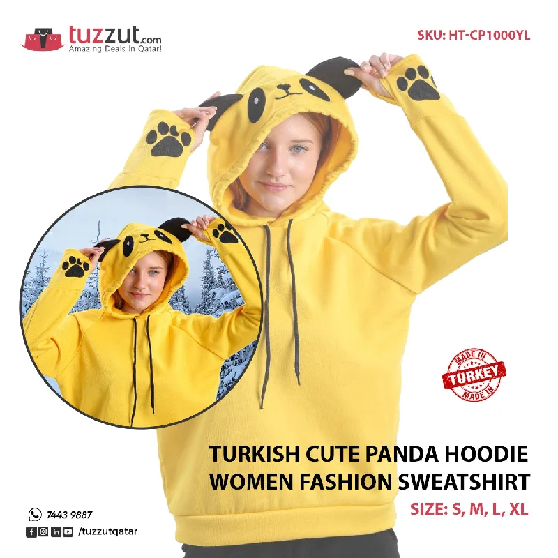 Turkish Cute Panda Hoodie Women Fashion Sweatshirt-Yellow Hoodie with Hem Patch Decorative Personalized