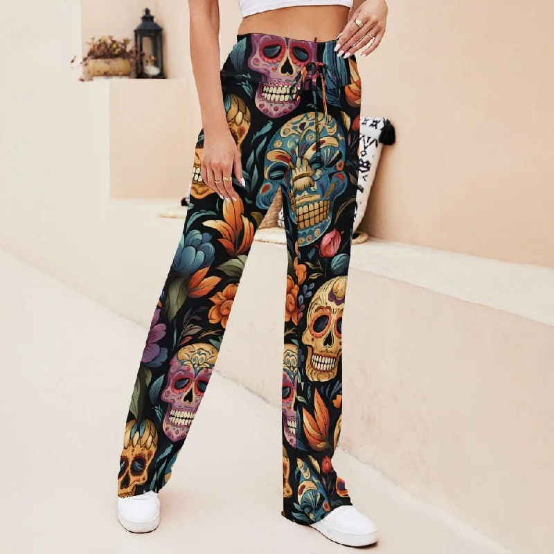 Sugar Skulls Straight Lace-Up Yoga Pants Modern Stretch Trousers