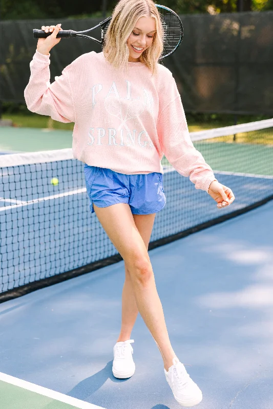 Palm Springs Tennis Blush Pink Corded Graphic Sweatshirt Hoodie with Half-Zip Sporty Casual