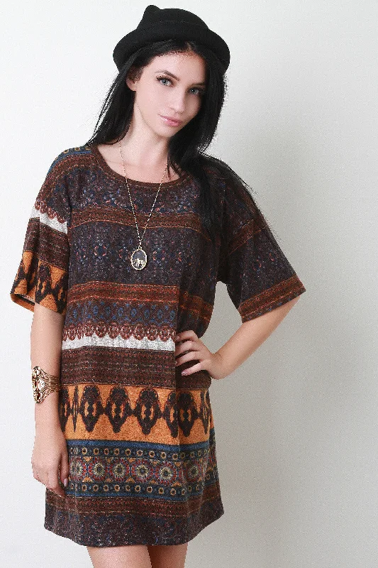 Moroccan Print Knit Shift Dress Tunics stripes playful