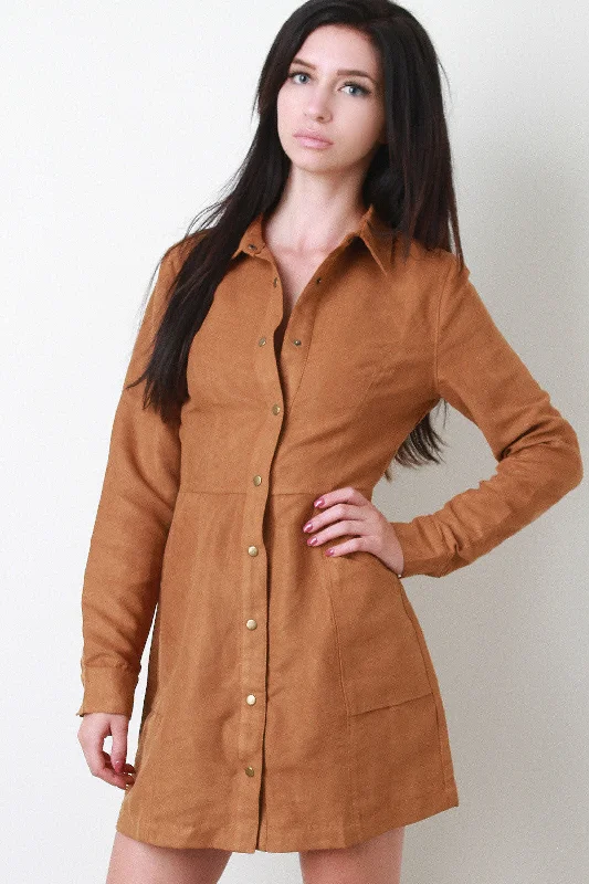 Vegan Suede Button Up Collar Dress Tunics Timeless classic