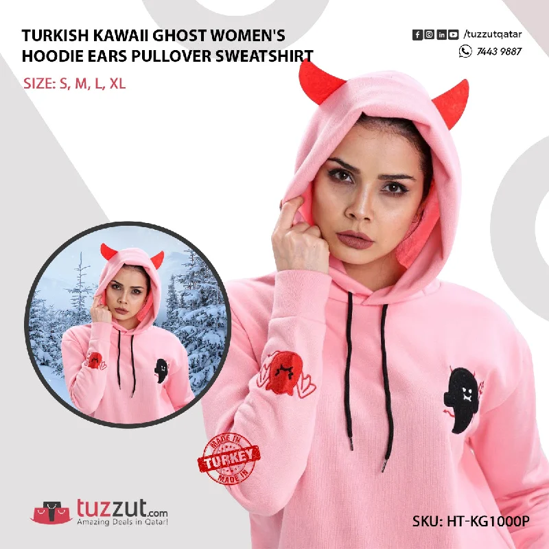 Turkish Kawaii Ghost Women's Hoodie Ears Pullover Sweatshirt - Pink Hoodie with Back Slit Movement Comfort